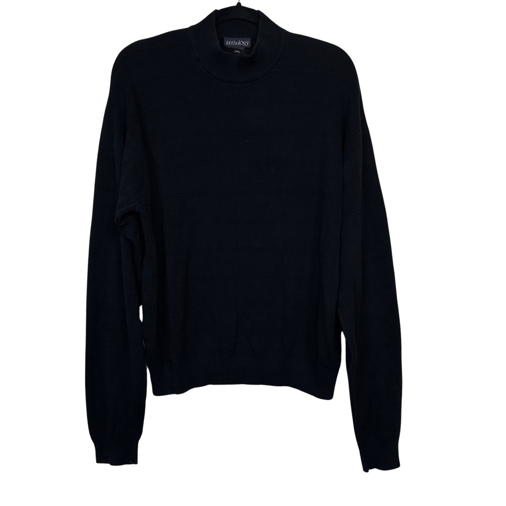 Anthology Black Silk Cotton Windowpane Plaid Knit Turtleneck Sweater XXL